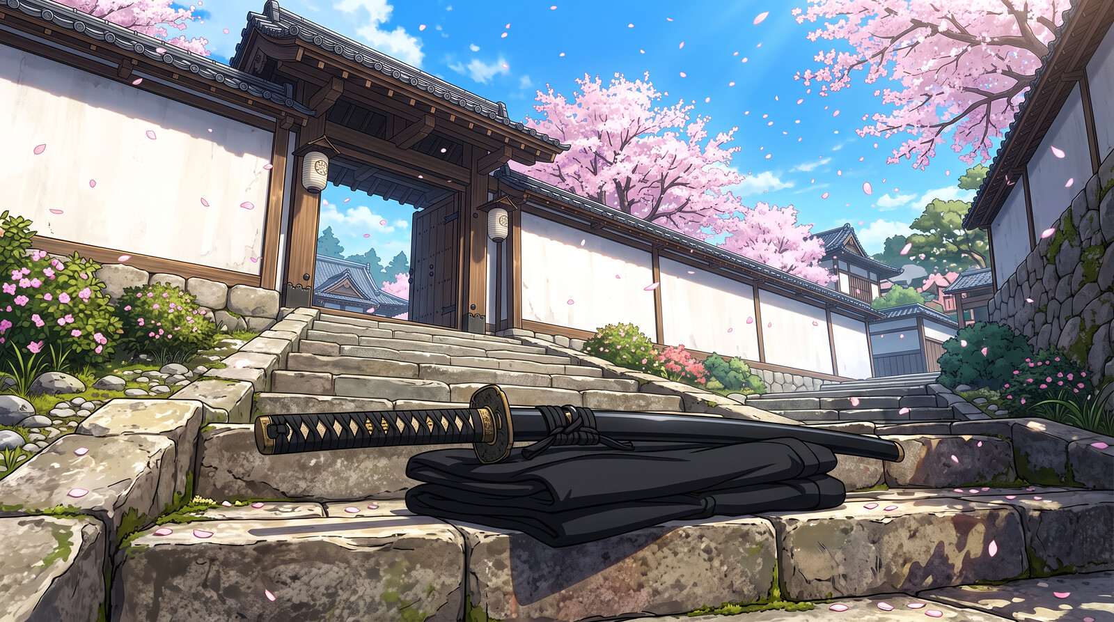 Illustration of a black-hilted katana on folded black hakama on stone steps before white compound walls, with cherry blossoms falling