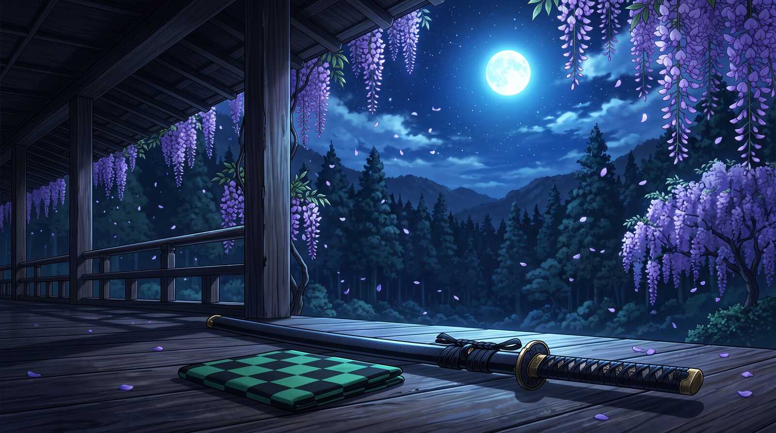 Illustration of a sheathed katana and a green-and-black checkered cloth on a temple veranda, with wisteria falling under a full moon