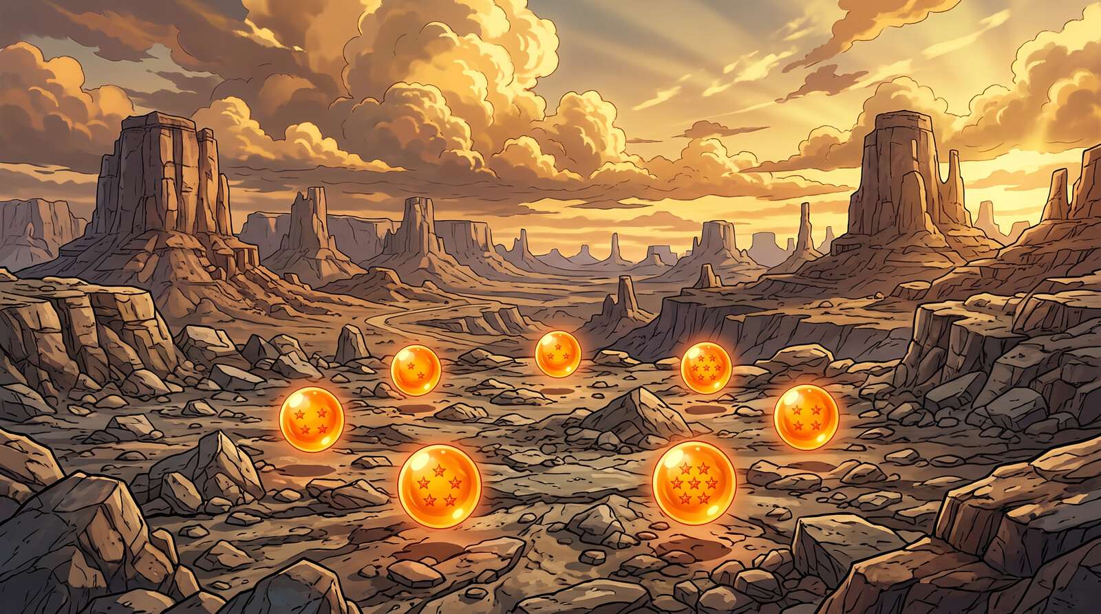 Illustration of seven glowing orange crystal balls with red stars scattered among rocks on a wasteland of stone mesas