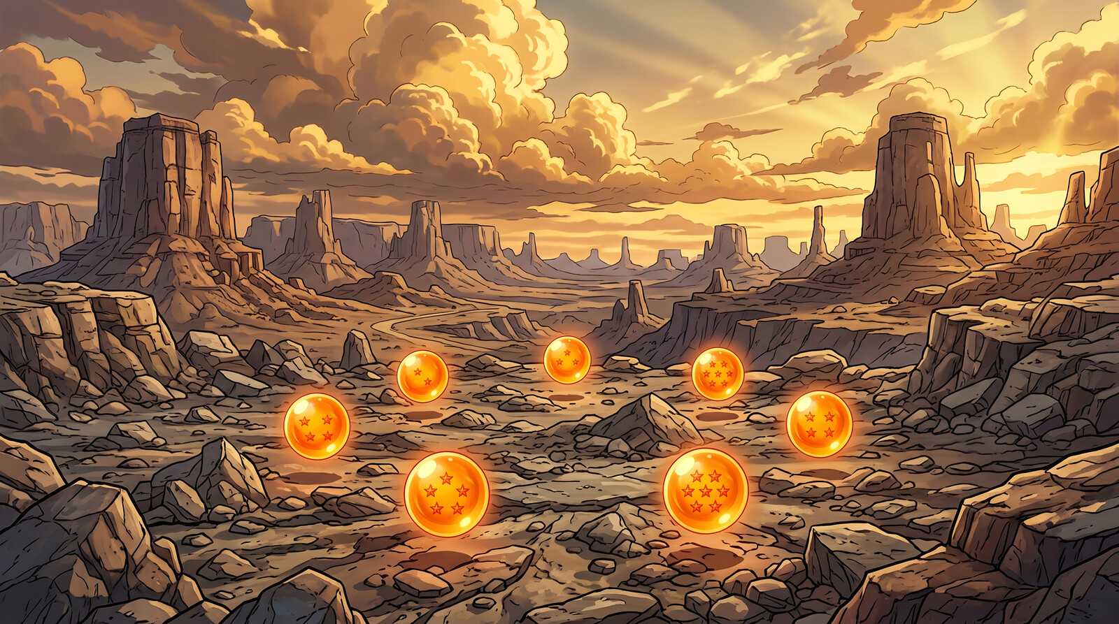 Illustration of seven glowing orange crystal balls with red stars scattered among rocks on a wasteland of stone mesas