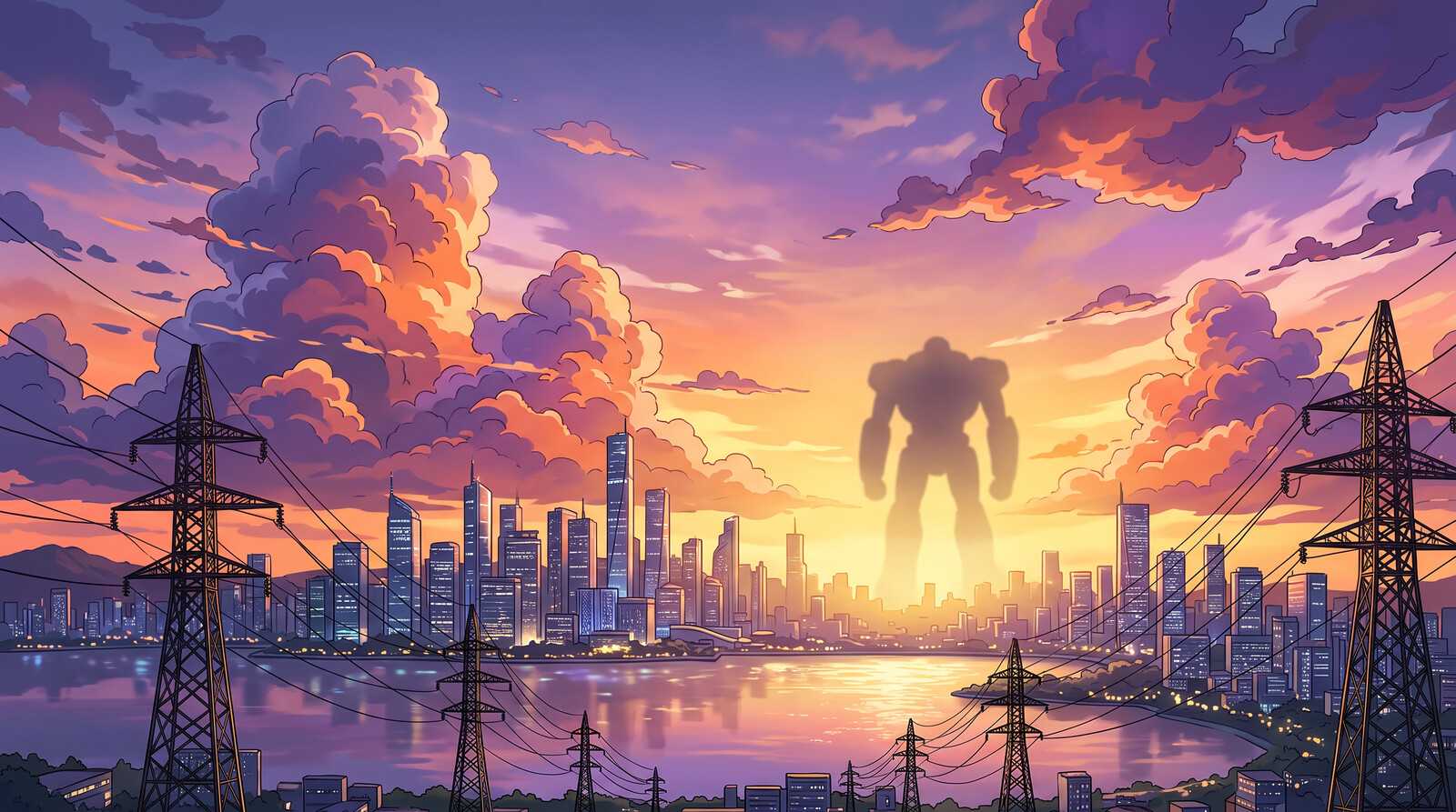 Illustration of a hazy giant robot silhouette far beyond a lakeside city of glass towers at sunset, with power-line pylons in front