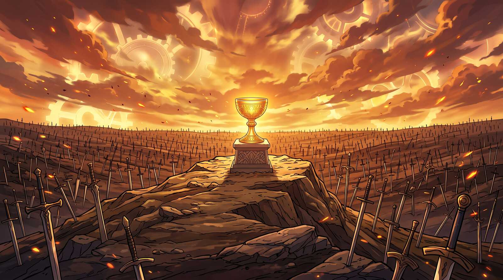 Illustration of a glowing golden chalice on a hill among countless swords planted in the ground, under an amber sky with gears in the clouds