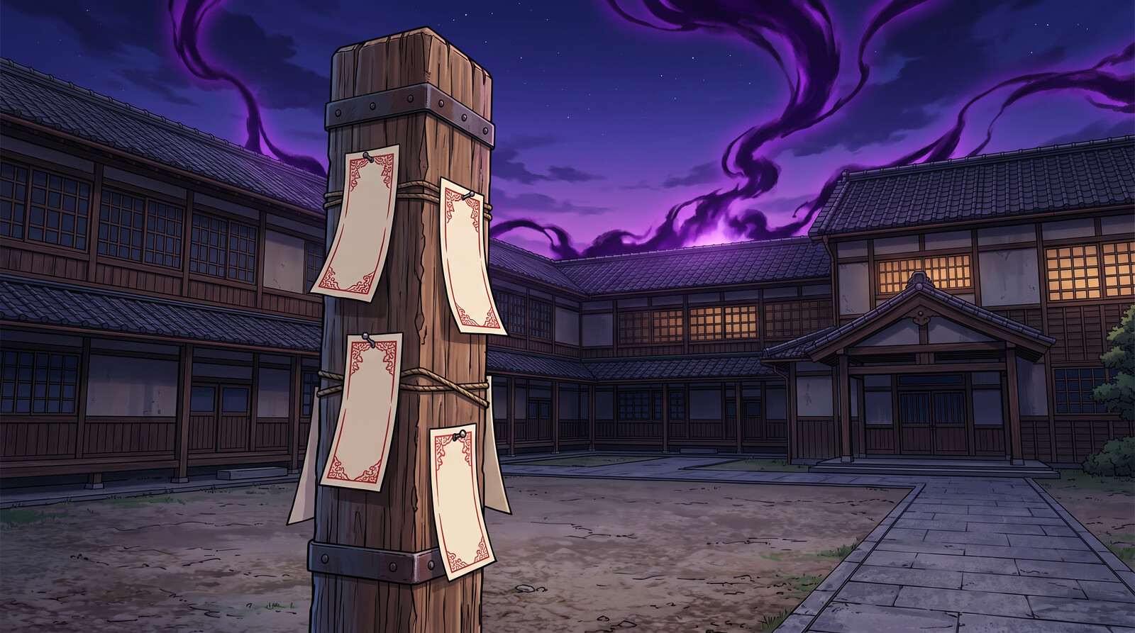 Illustration of paper talismans on a wooden post in an empty school courtyard at dusk, with purple cursed energy swirling into the sky