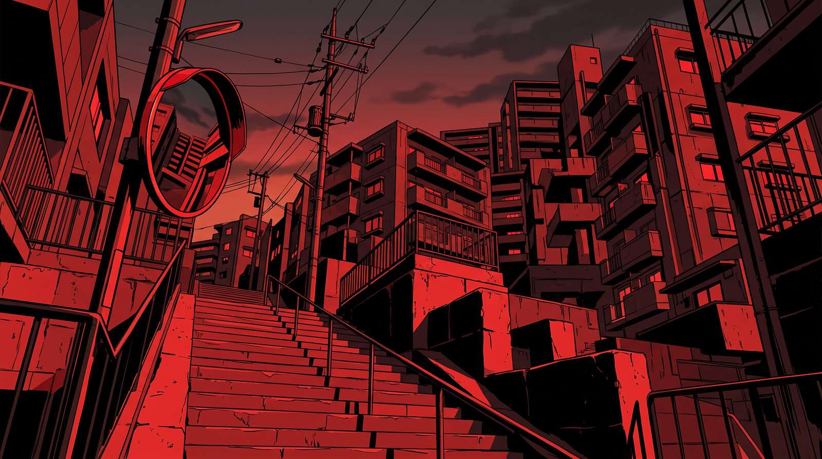 Illustration of a red-and-black graphic street scene with a steep stairway, a curved traffic mirror and power lines