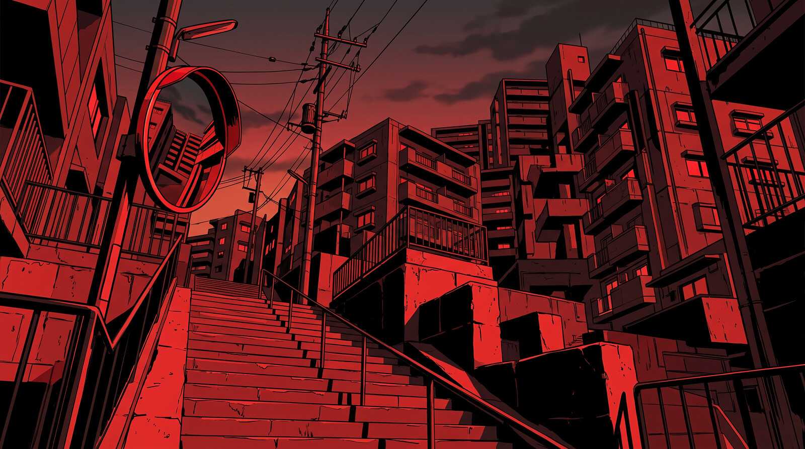 Illustration of a red-and-black graphic street scene with a steep stairway, a curved traffic mirror and power lines