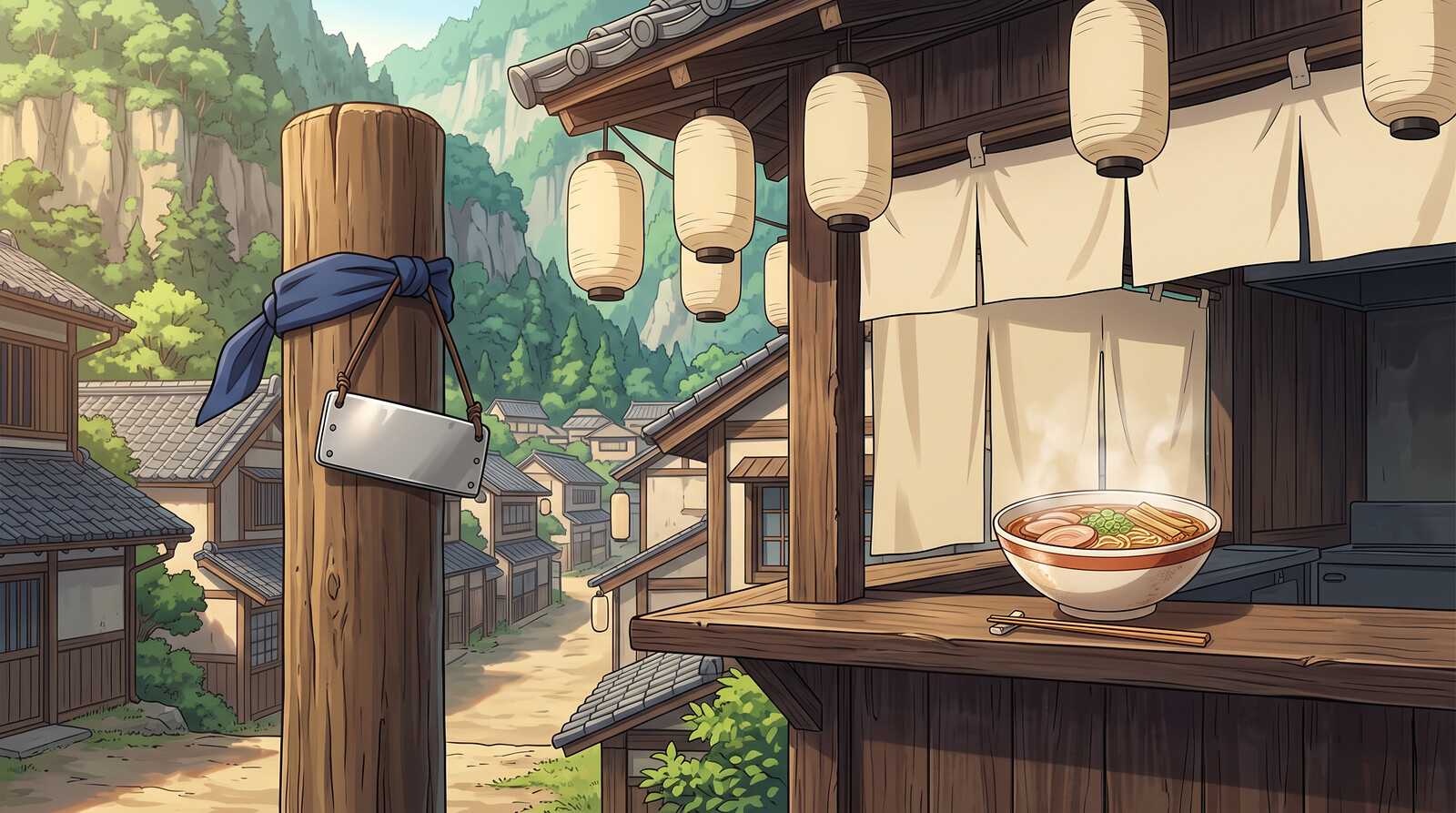Illustration of a blue ninja headband hanging on a wooden training post beside a steaming bowl of ramen at a village noodle stall