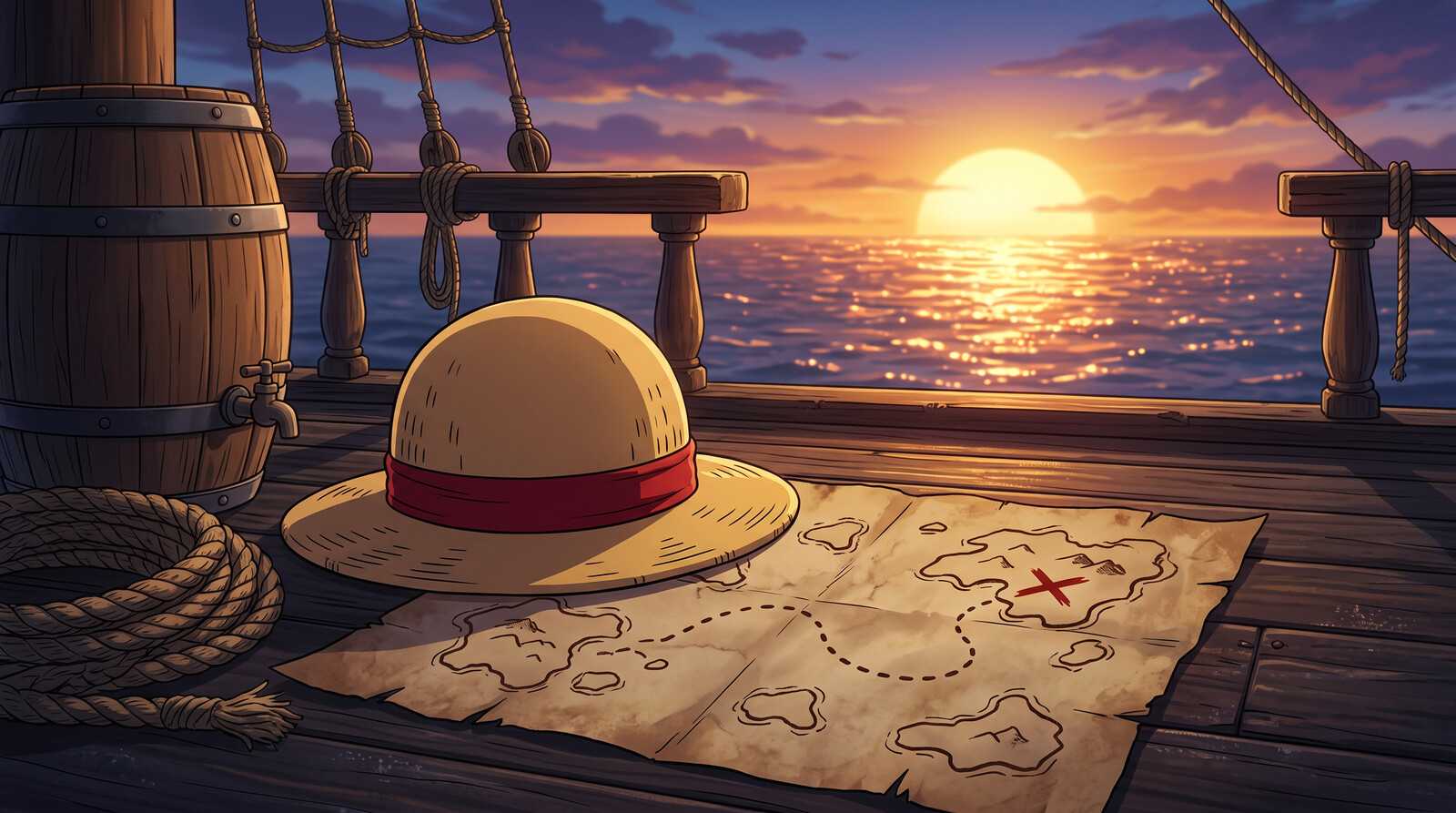 Illustration of a straw hat with a red band on a treasure map, on a pirate ship's deck at sunset with the sea beyond the rail