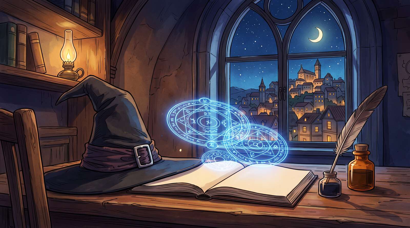 Illustration of a pointed witch hat, a quill and an ink bottle on a desk, with glowing ink-drawn magic circles above a sketchbook and a night town through the window